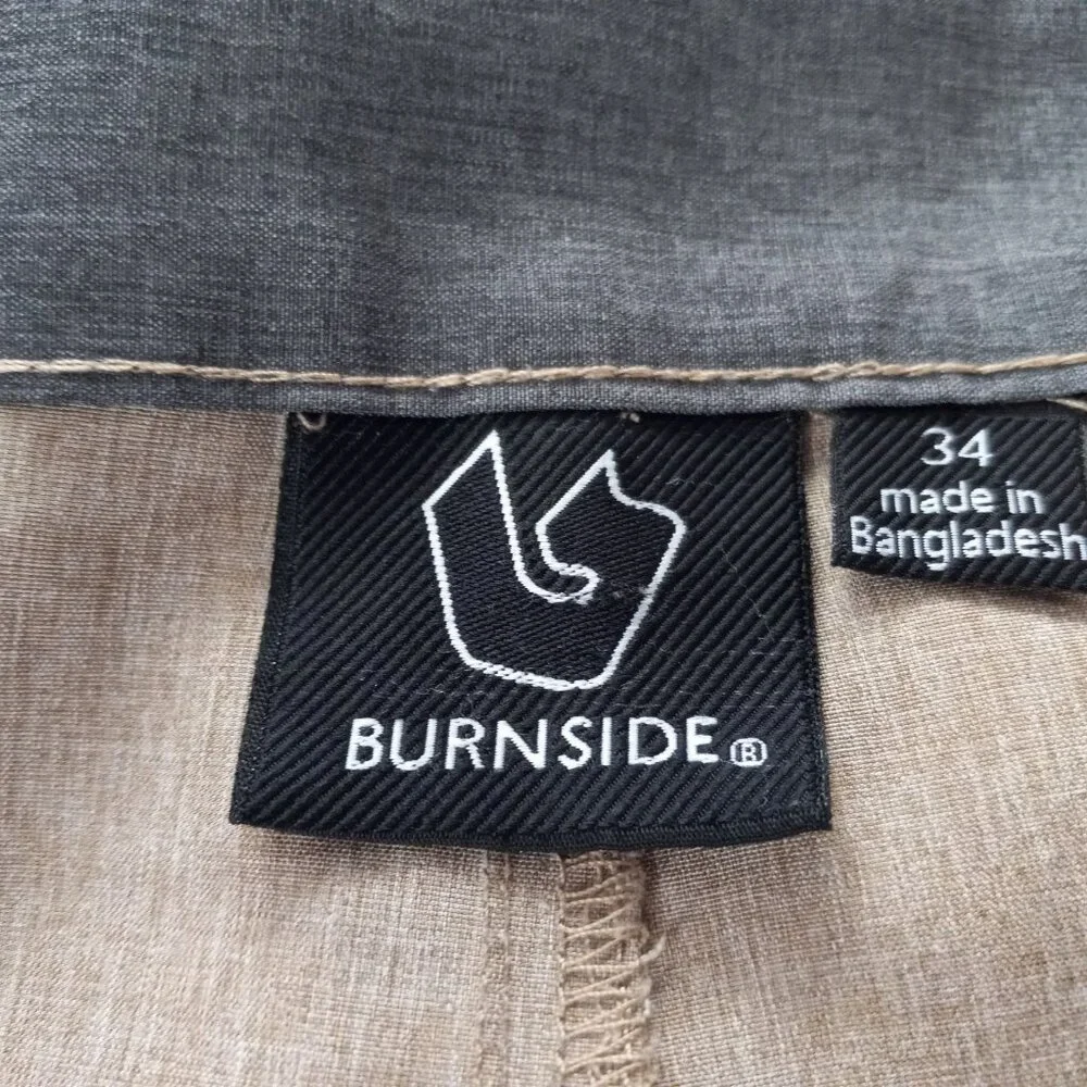 Burnside Men’s Khaki Shorts Sz 34 Lightweight Zip Pockets Casual 10” Inseam